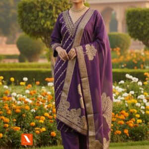 Royal Purple Zari Work Ethnic Suit Set with Dupatta